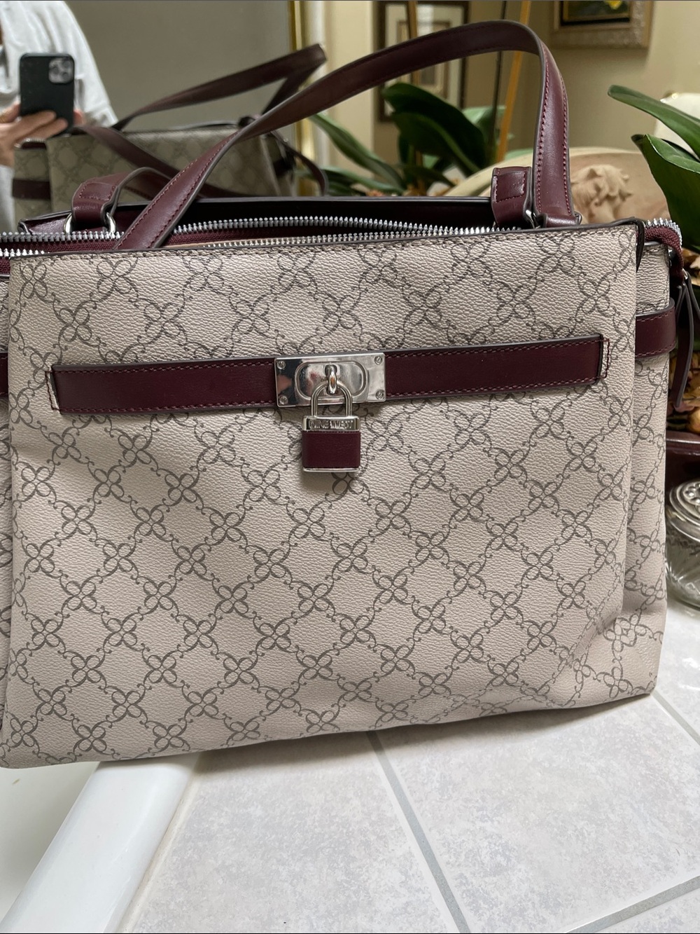 Women’s Beige Patterned Satchel with Burgundy Trim